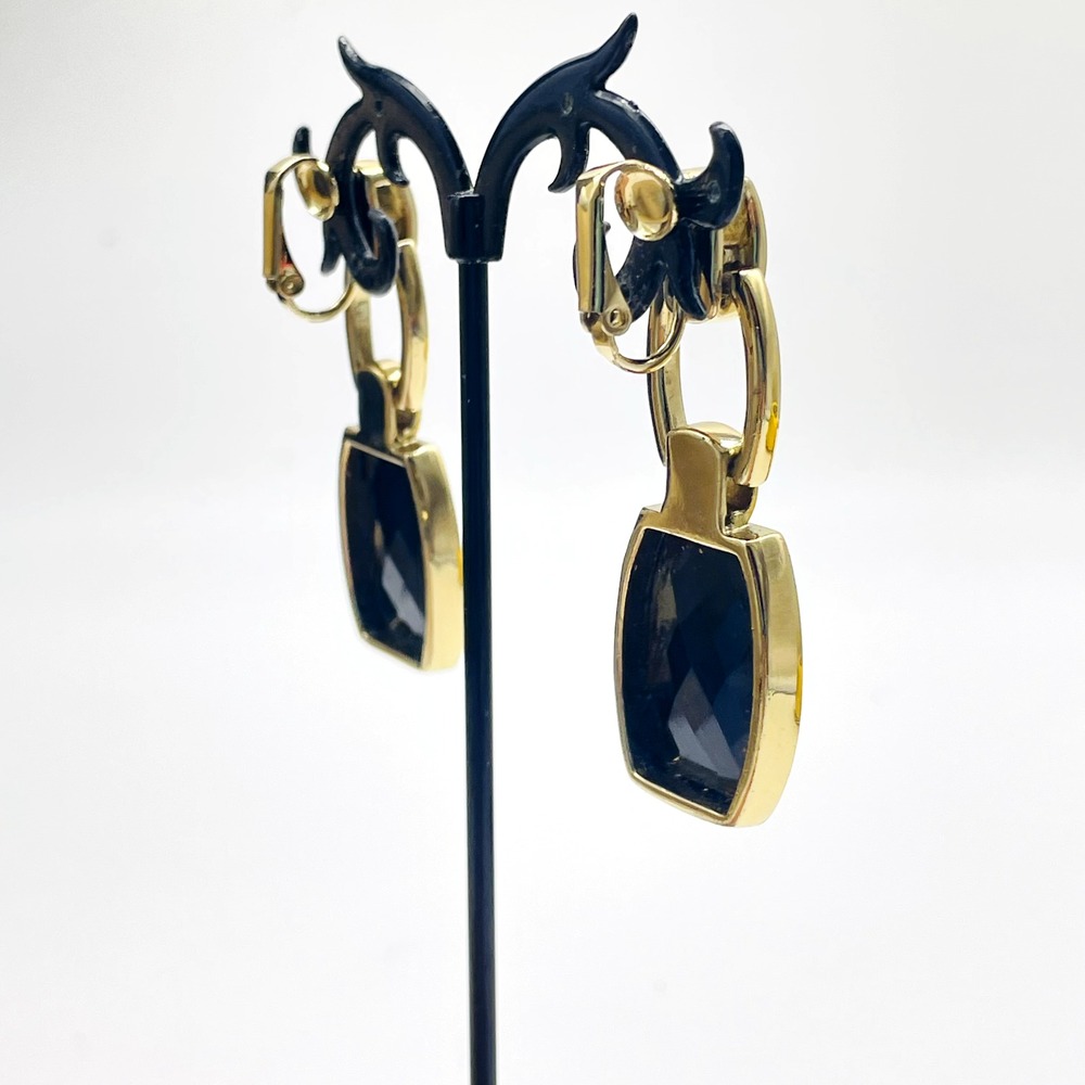 Anne Klein Signed Earrings Black Faceted Bead Gold Tone Dangle Clip On Statement - Picture 10 of 11